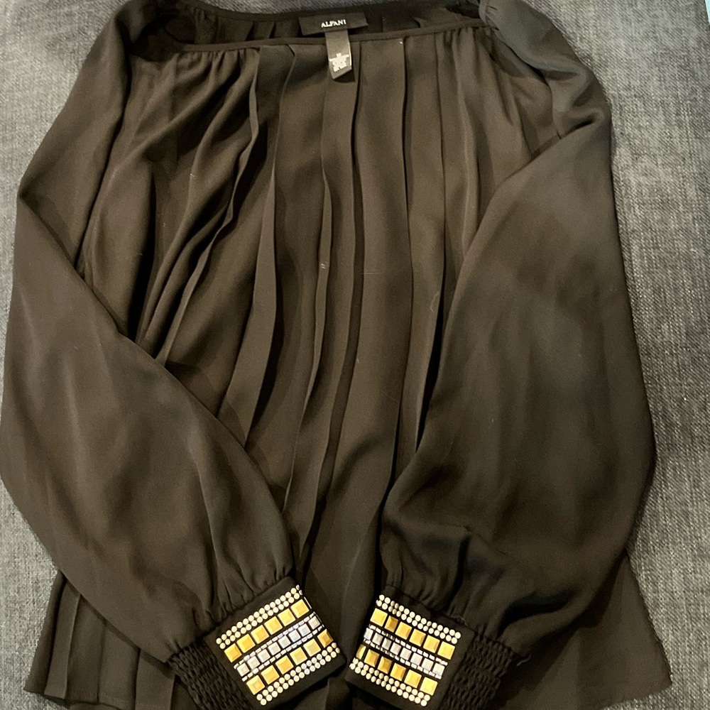 Ann Taylor Black Pleated Blouse with Round Neck